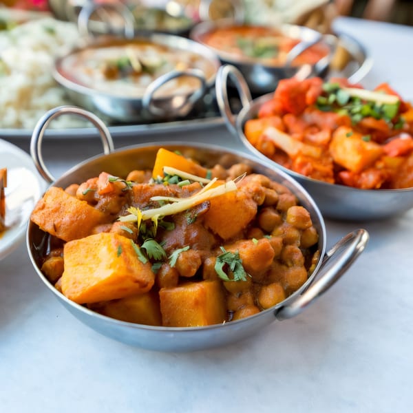 Close-up of Indian Oven's chickpea and sweet potato curry, garnished with cilantro and ginger.