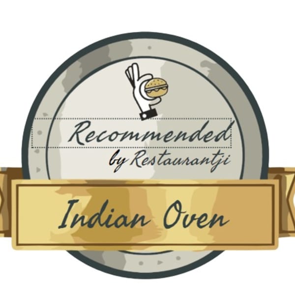 Indian Oven restaurant logo, a gold banner with the text "Indian Oven" over a grey seal.