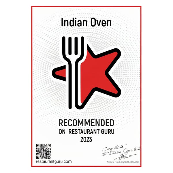 Indian Oven's Restaurant Guru 2023 recommendation certificate, featuring a fork and star icon.