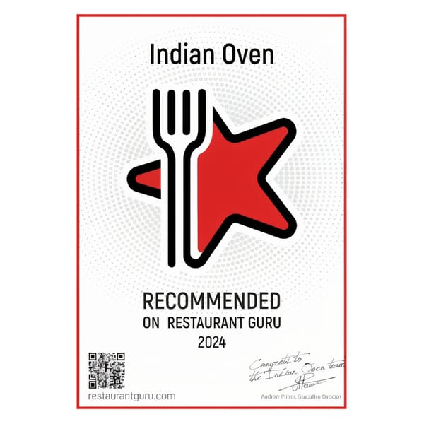 Indian Oven's 2024 Restaurant Guru recommendation certificate, featuring a fork and star logo.