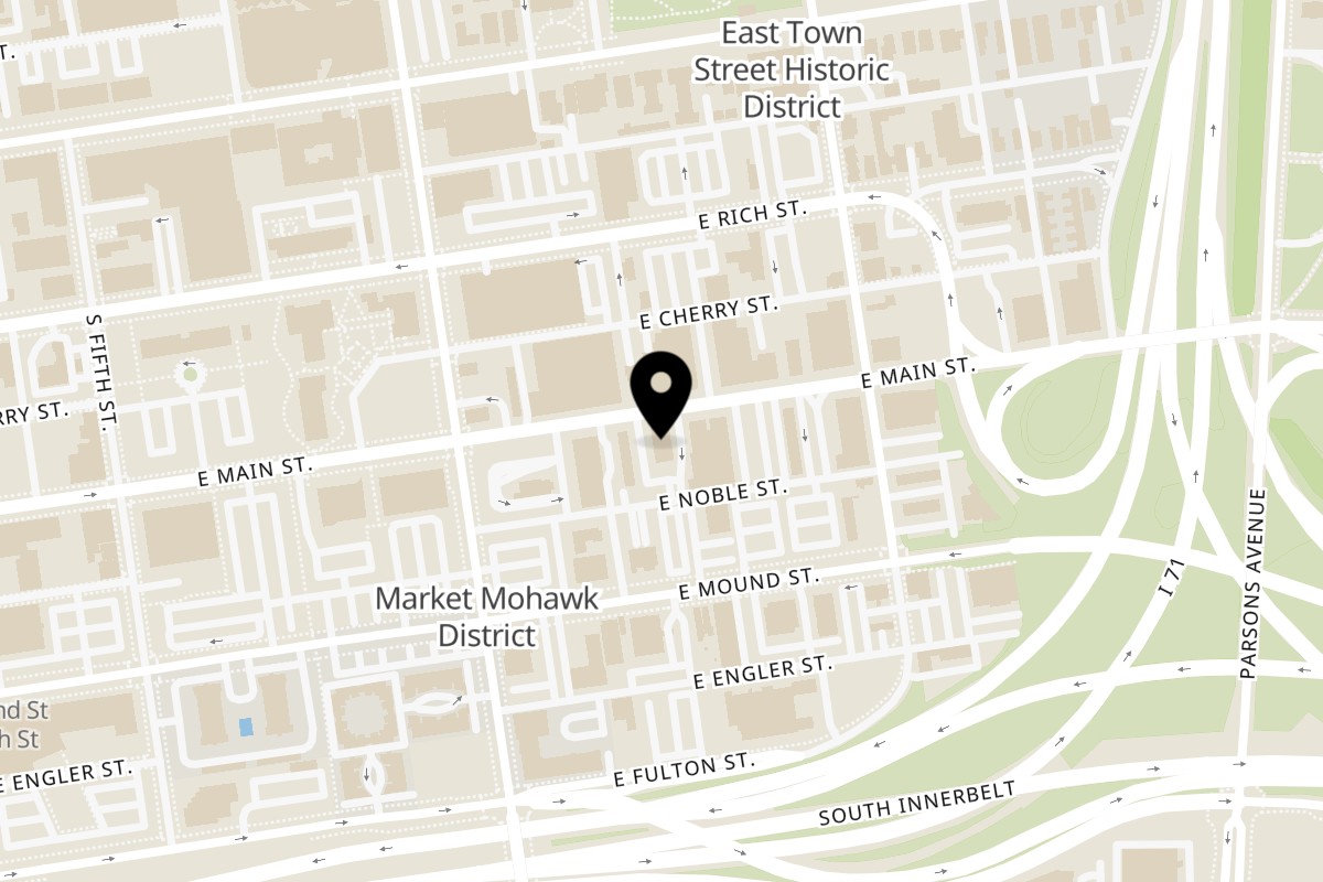 Map showing the location of Indian Oven on 427 E Main St in Columbus